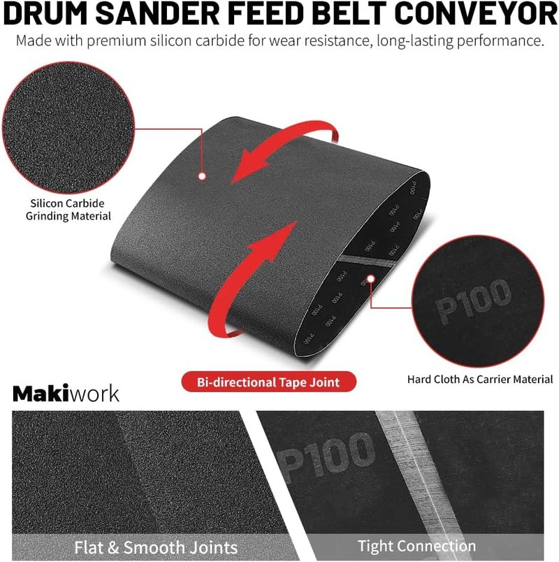 makiwork Drum Sander Feed Belt Conveyor Compatible with JET & Performax 16-32 Plus - 100 Grit Silicon Carbide Feed Belt, 16-1/4" x 43-1/2" - Image 3